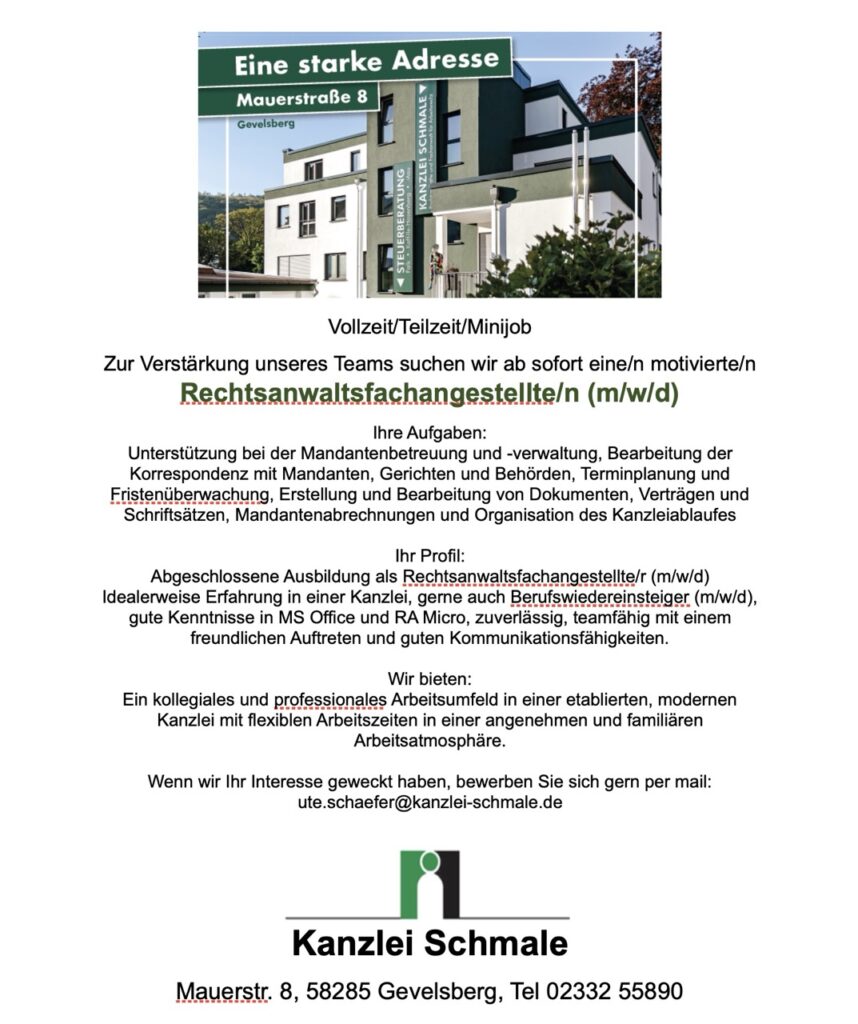 Zur Verstärkung unseres Teams suchen wir ab sofort eine/n motivierte/n Rechtsanwaltsfachangestellte/n (m/w/d)